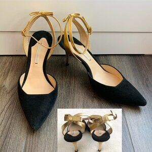 Nicholas Kirkwood Black Suede High-Heel Ankle Strap Pumps Gold Metallic Bow 35